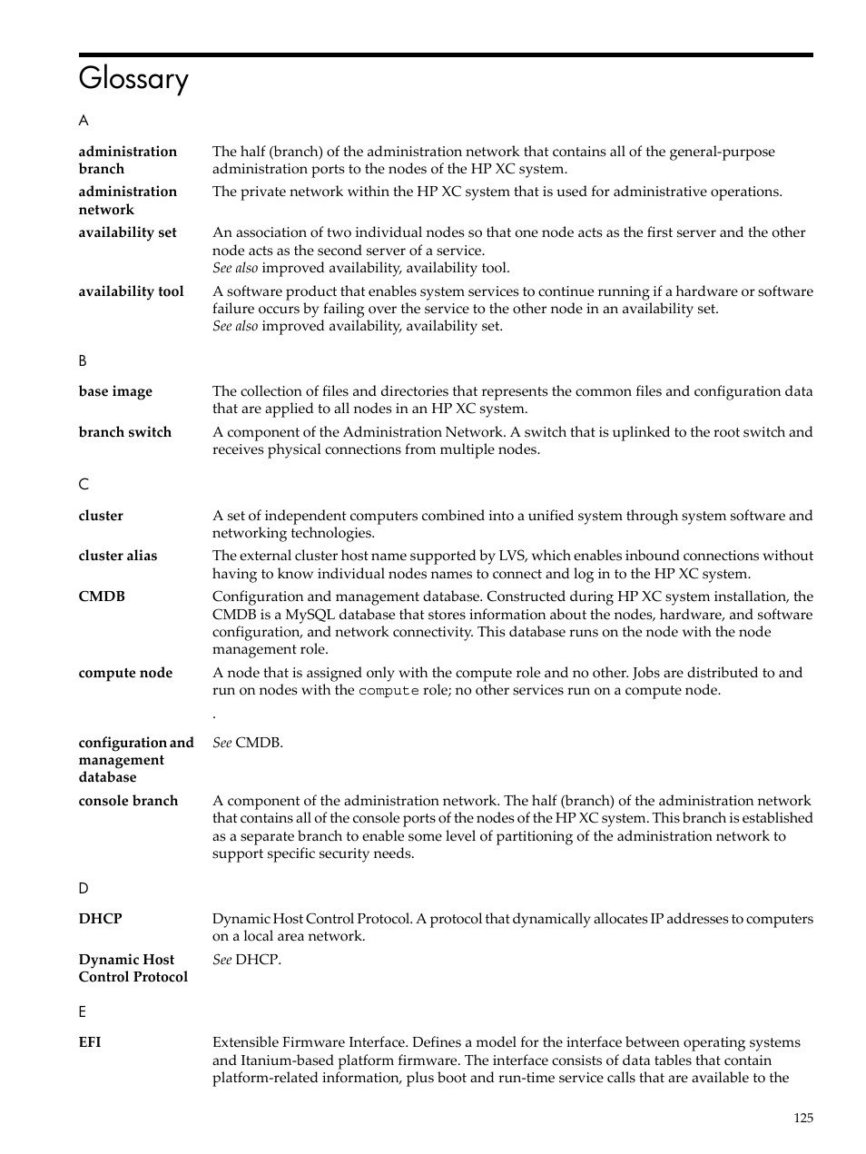 Glossary, Cluster, Compute node | HP XC System 4.x Software User Manual | Page 125 / 135