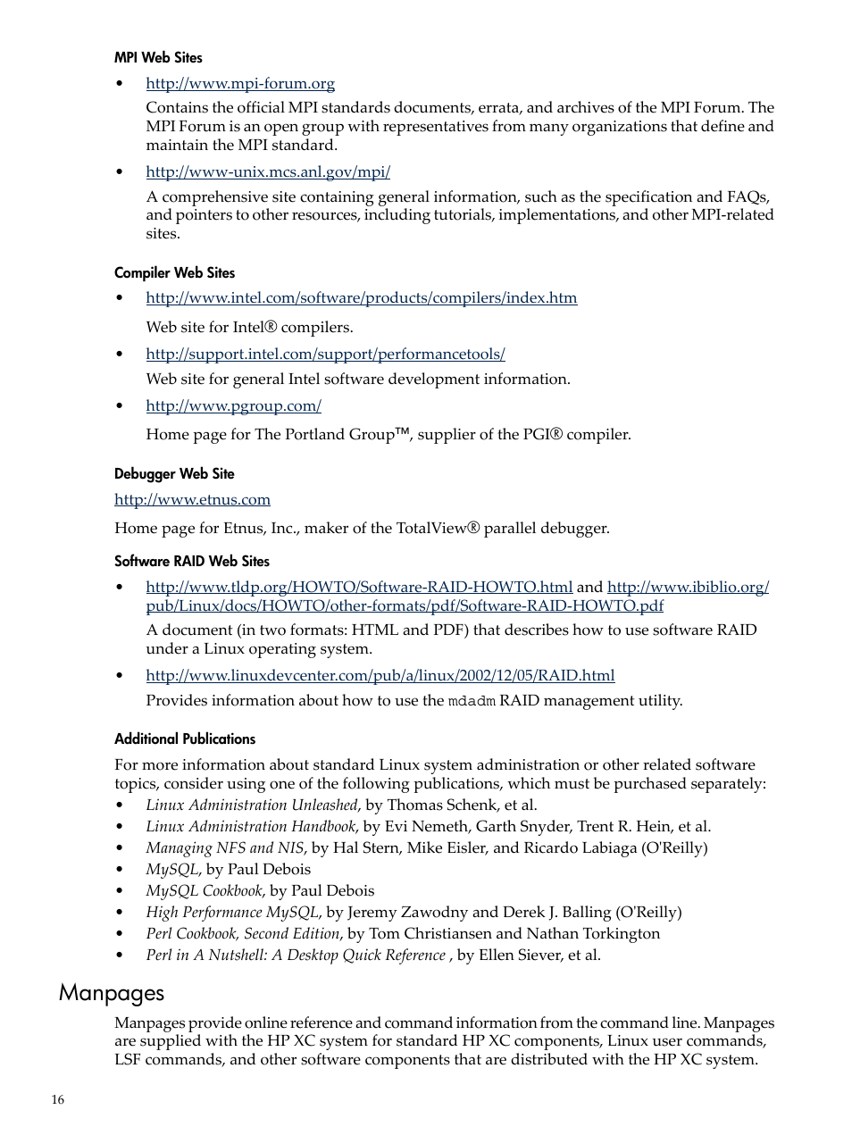 Manpages | HP XC System 4.x Software User Manual | Page 16 / 135