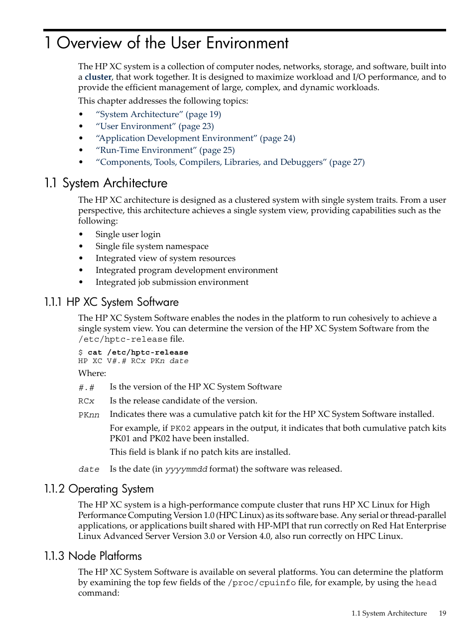 1 overview of the user environment, 1 system architecture, 1 hp xc system software | 2 operating system, 3 node platforms | HP XC System 4.x Software User Manual | Page 19 / 135