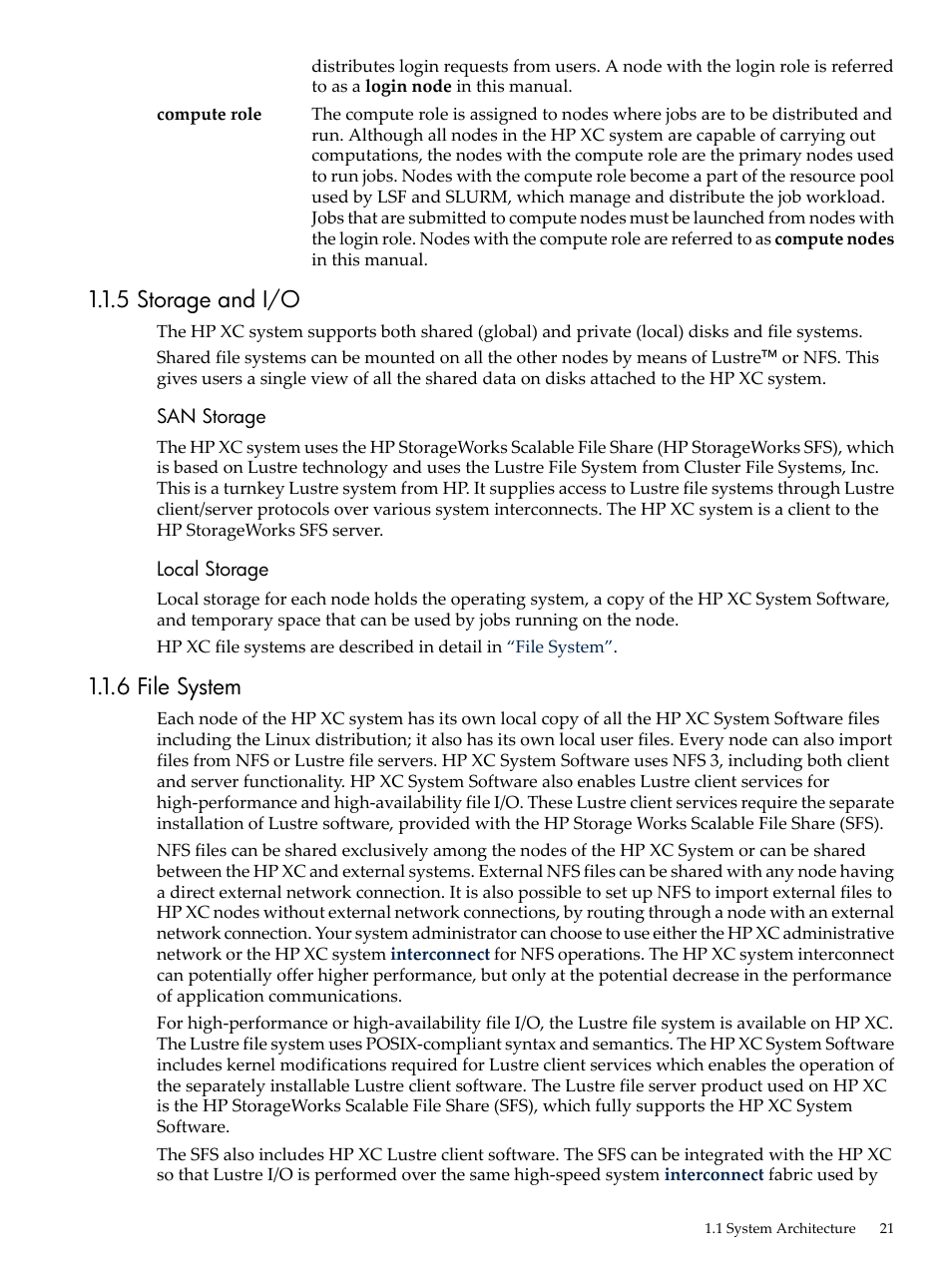 5 storage and i/o, 6 file system, 5 storage and i/o 1.1.6 file system | HP XC System 4.x Software User Manual | Page 21 / 135