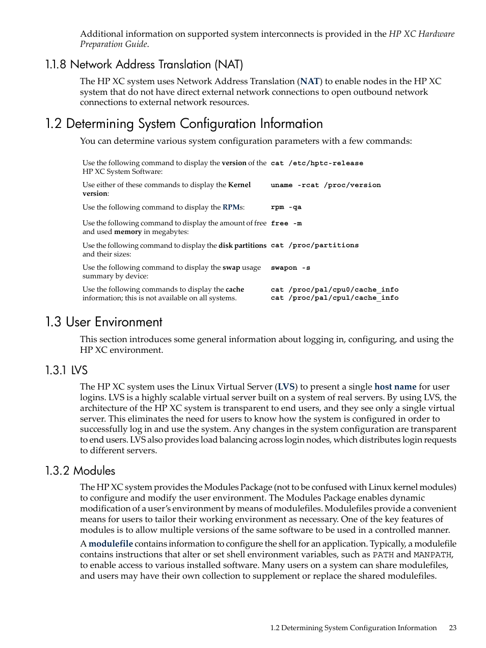 8 network address translation (nat), 2 determining system configuration information, 3 user environment | 1 lvs, 2 modules, 1 lvs 1.3.2 modules | HP XC System 4.x Software User Manual | Page 23 / 135