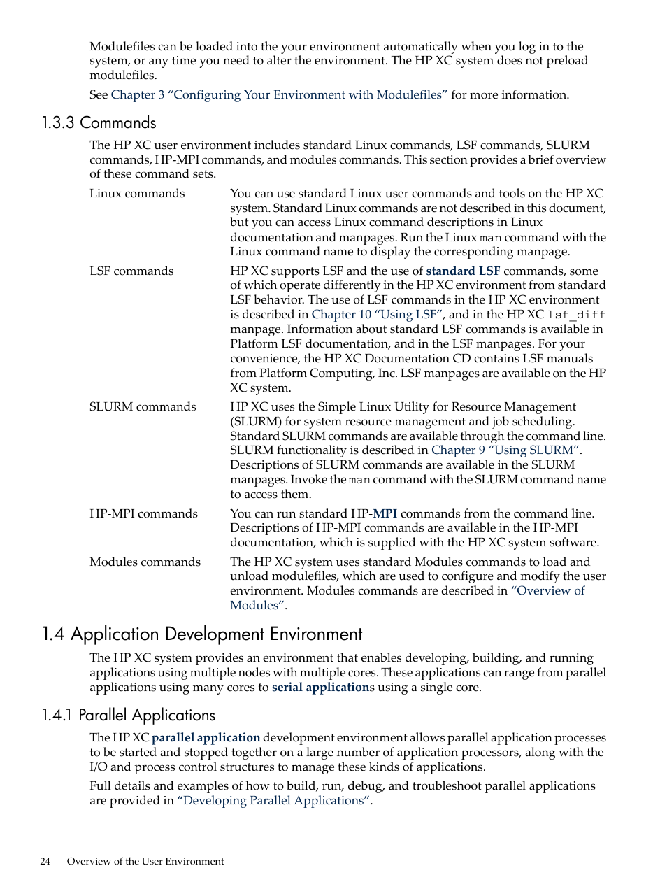 3 commands, 4 application development environment, 1 parallel applications | HP XC System 4.x Software User Manual | Page 24 / 135