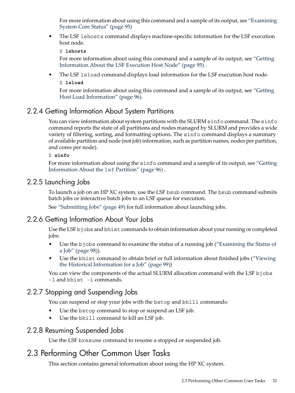 4 getting information about system partitions, 5 launching jobs, 6 getting information about your jobs | 7 stopping and suspending jobs, 8 resuming suspended jobs, 3 performing other common user tasks | HP XC System 4.x Software User Manual | Page 31 / 135