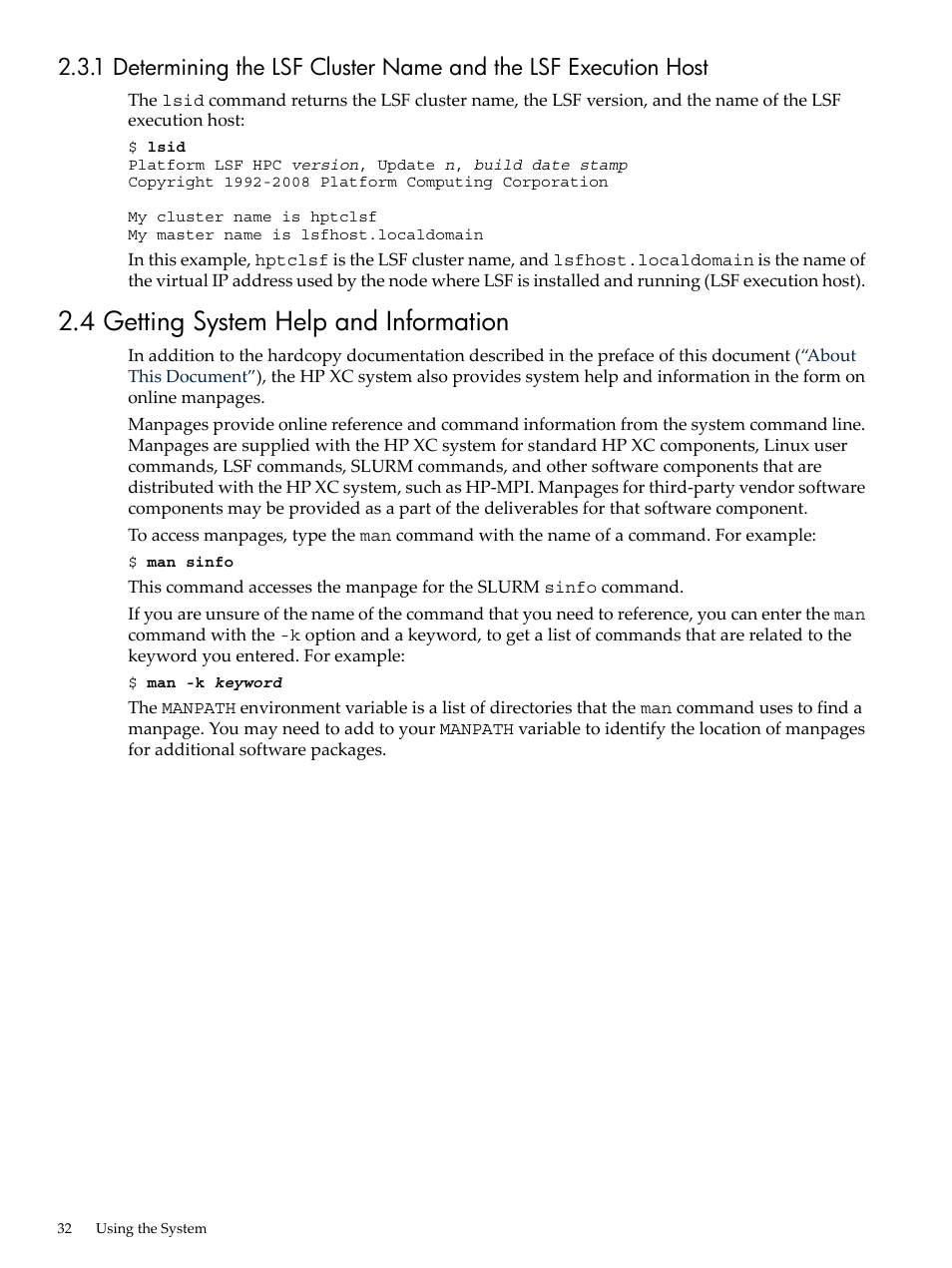 4 getting system help and information | HP XC System 4.x Software User Manual | Page 32 / 135