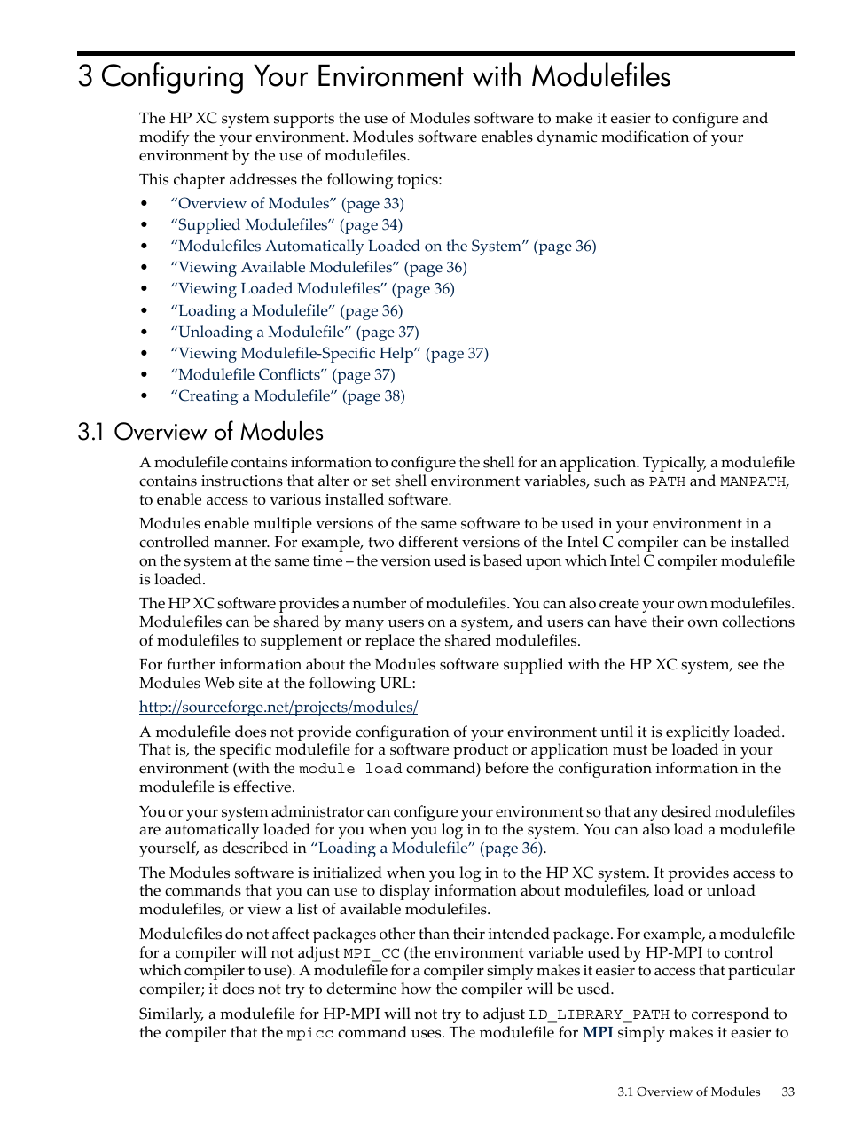 3 configuring your environment with modulefiles, 1 overview of modules, Overview of | Modules | HP XC System 4.x Software User Manual | Page 33 / 135