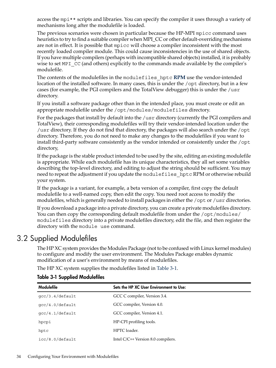 2 supplied modulefiles, Supplied modulefiles | HP XC System 4.x Software User Manual | Page 34 / 135