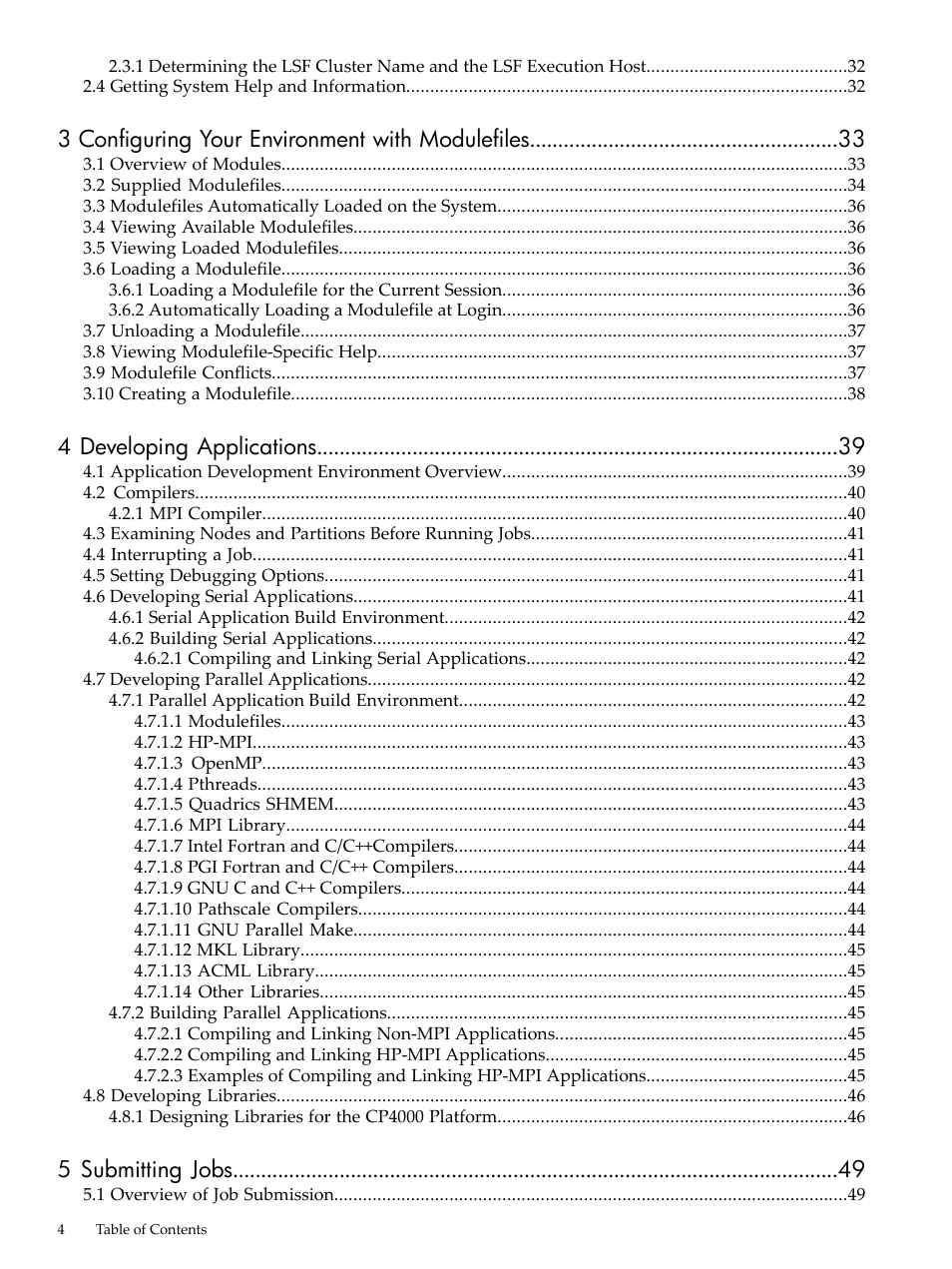 3 configuring your environment with modulefiles, 4 developing applications, 5 submitting jobs | HP XC System 4.x Software User Manual | Page 4 / 135