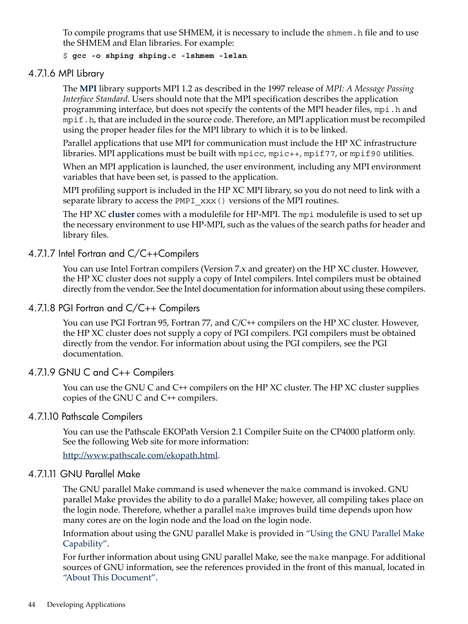 6 mpi library, 7 intel fortran and c/c++compilers, 8 pgi fortran and c/c++ compilers | 9 gnu c and c++ compilers, 10 pathscale compilers, 11 gnu parallel make | HP XC System 4.x Software User Manual | Page 44 / 135