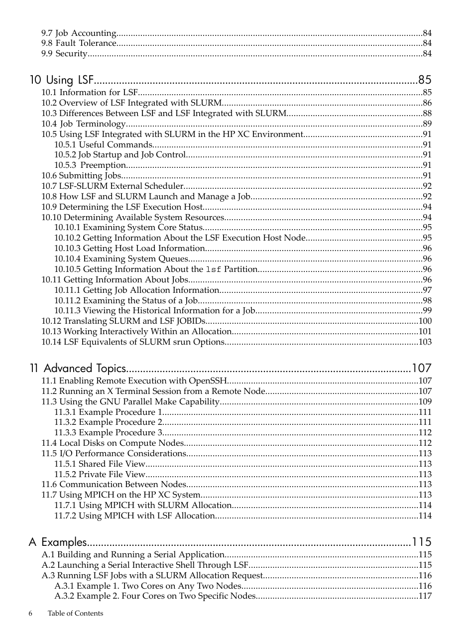 10 using lsf, 11 advanced topics, A examples | HP XC System 4.x Software User Manual | Page 6 / 135