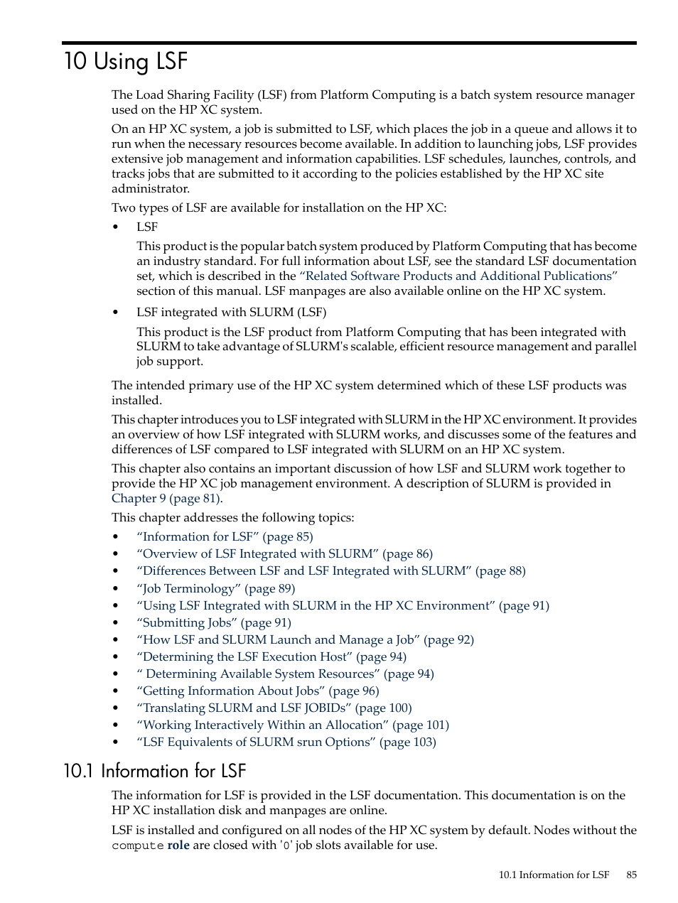 10 using lsf, 1 information for lsf, Chapter 10 “using lsf | Using lsf, Chapter 10: using | HP XC System 4.x Software User Manual | Page 85 / 135