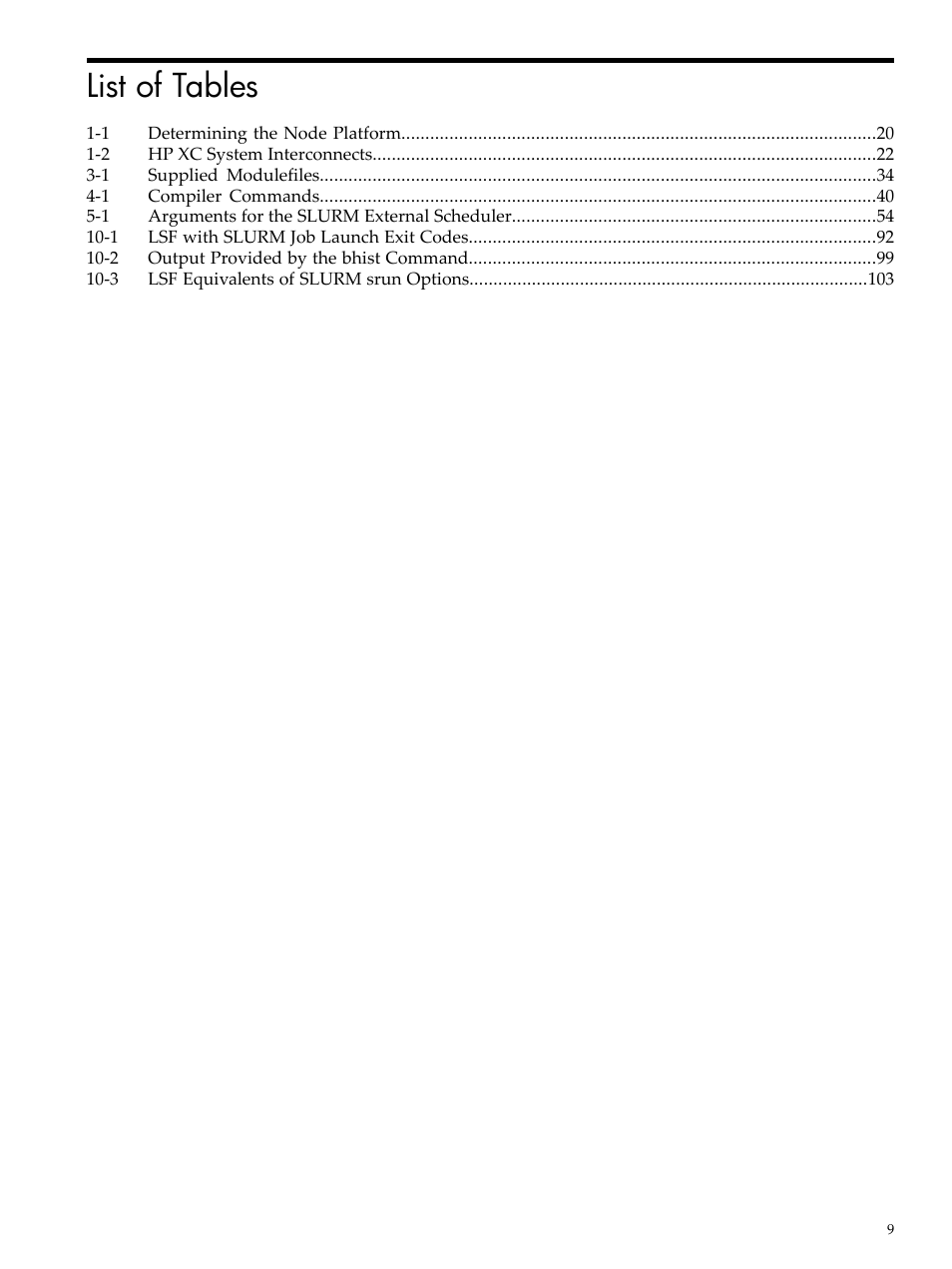 List of tables | HP XC System 4.x Software User Manual | Page 9 / 135