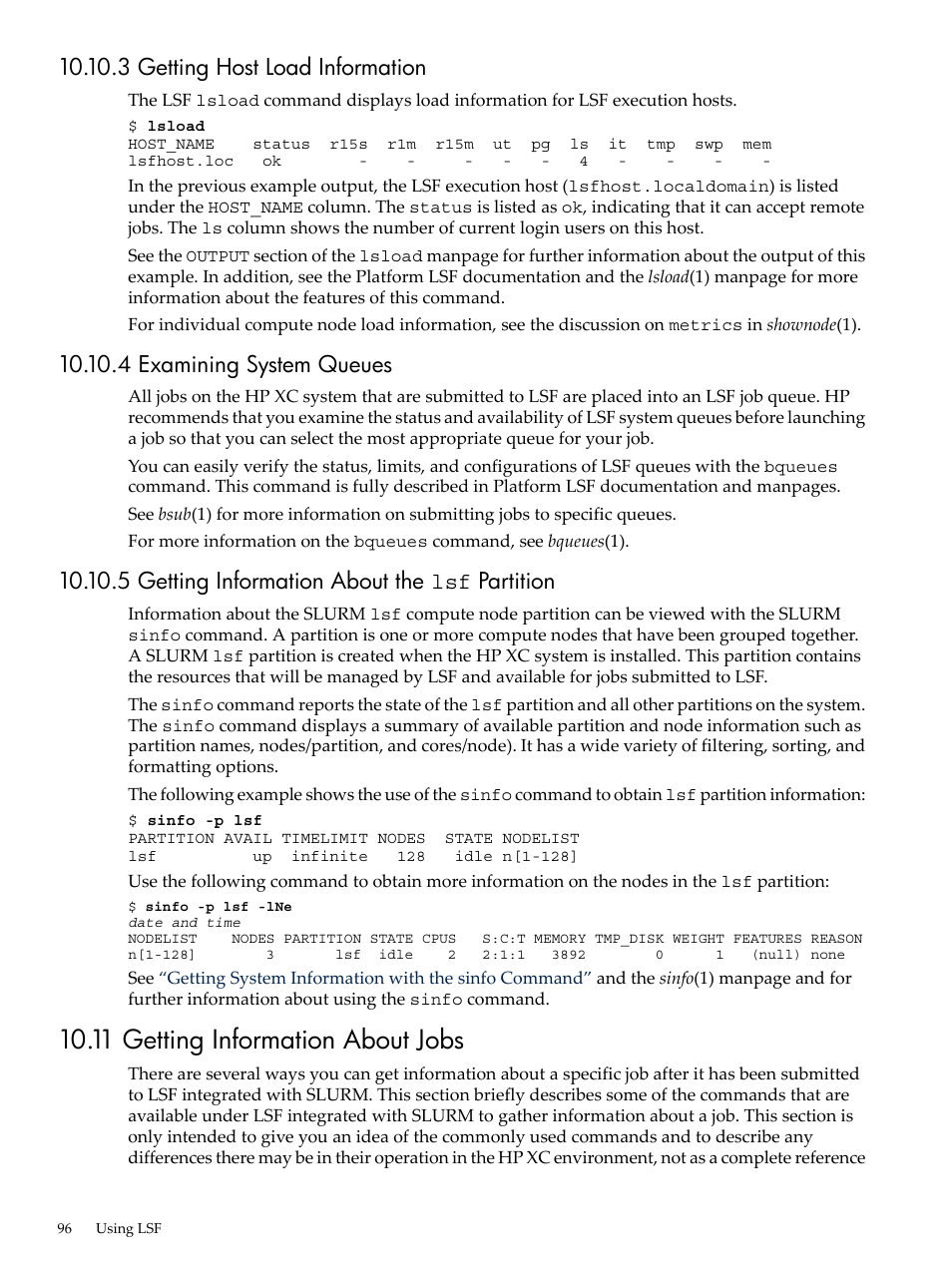 3 getting host load information, 4 examining system queues, 5 getting information about the lsf partition | 11 getting information about jobs, Examining, Getting | HP XC System 4.x Software User Manual | Page 96 / 135