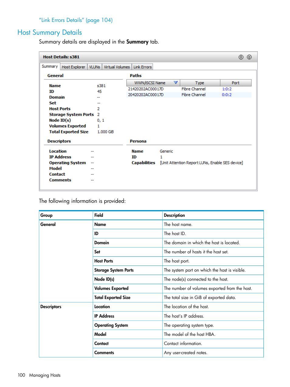 Host summary details | HP 3PAR Operating System Software User Manual | Page 100 / 524