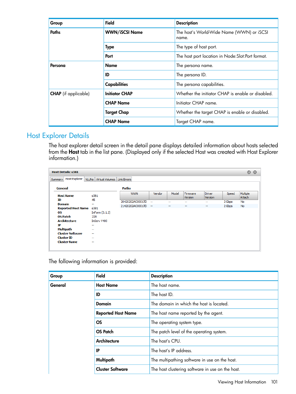 Host explorer details | HP 3PAR Operating System Software User Manual | Page 101 / 524