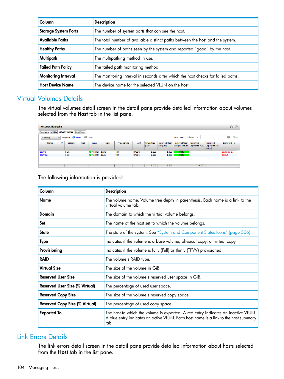 Virtual volumes details, Link errors details, Virtual volumes details link errors details | HP 3PAR Operating System Software User Manual | Page 104 / 524