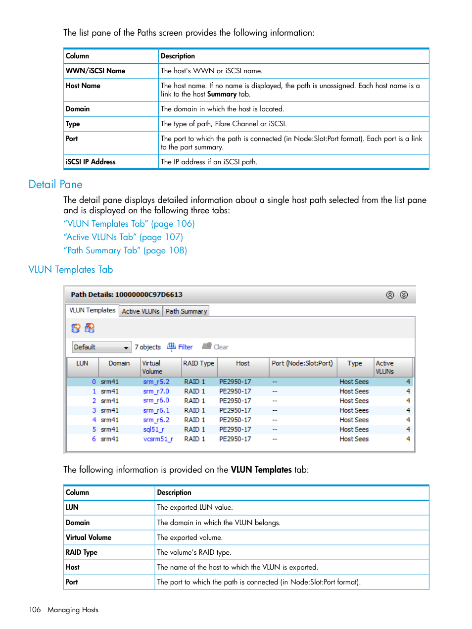 Detail pane, Vlun templates tab | HP 3PAR Operating System Software User Manual | Page 106 / 524