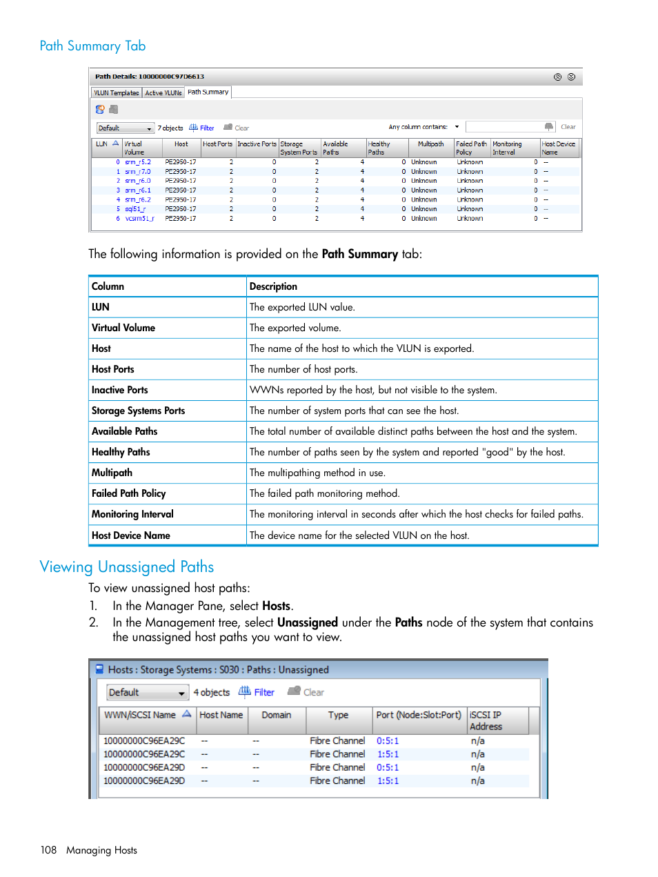 Path summary tab, Viewing unassigned paths | HP 3PAR Operating System Software User Manual | Page 108 / 524