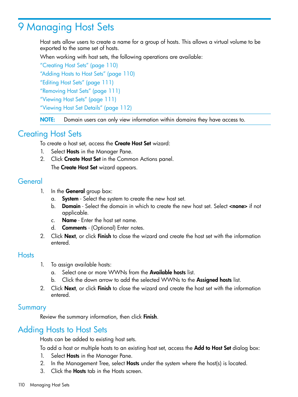 9 managing host sets, Creating host sets, General | Hosts, Summary, Adding hosts to host sets, General hosts summary | HP 3PAR Operating System Software User Manual | Page 110 / 524