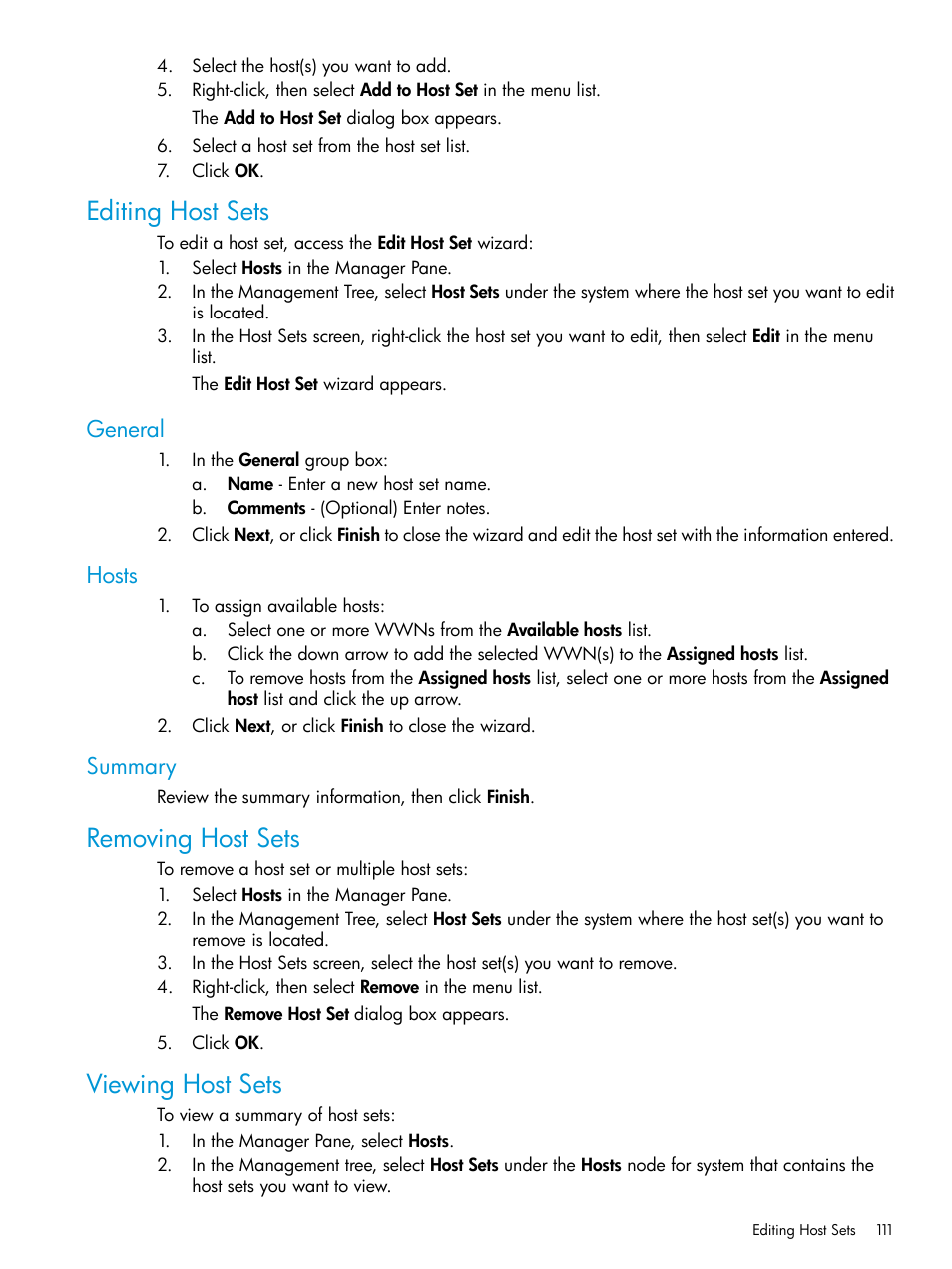 Editing host sets, General, Hosts | Summary, Removing host sets, Viewing host sets, General hosts summary, Removing host sets viewing host sets | HP 3PAR Operating System Software User Manual | Page 111 / 524