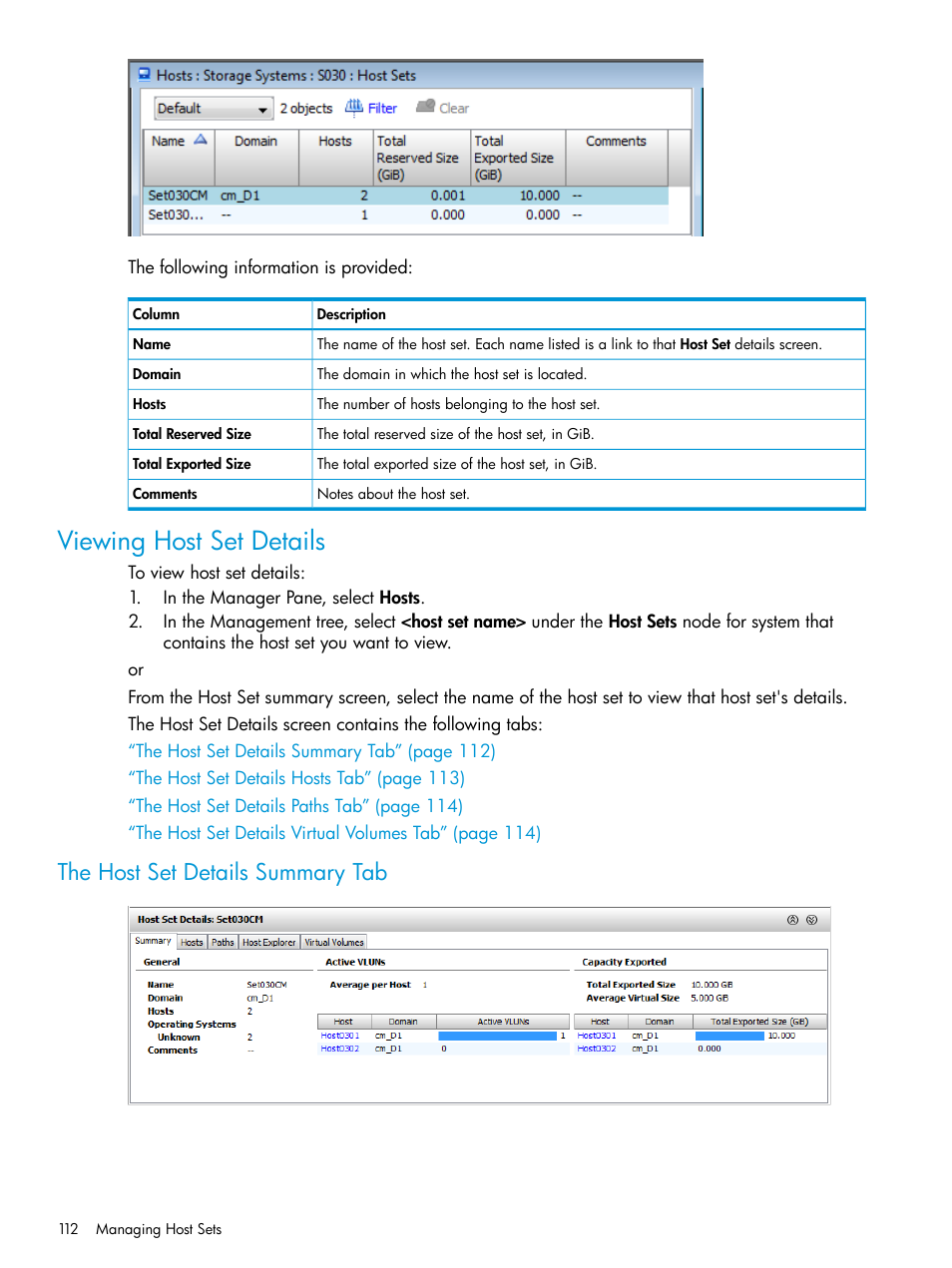 Viewing host set details, The host set details summary tab | HP 3PAR Operating System Software User Manual | Page 112 / 524