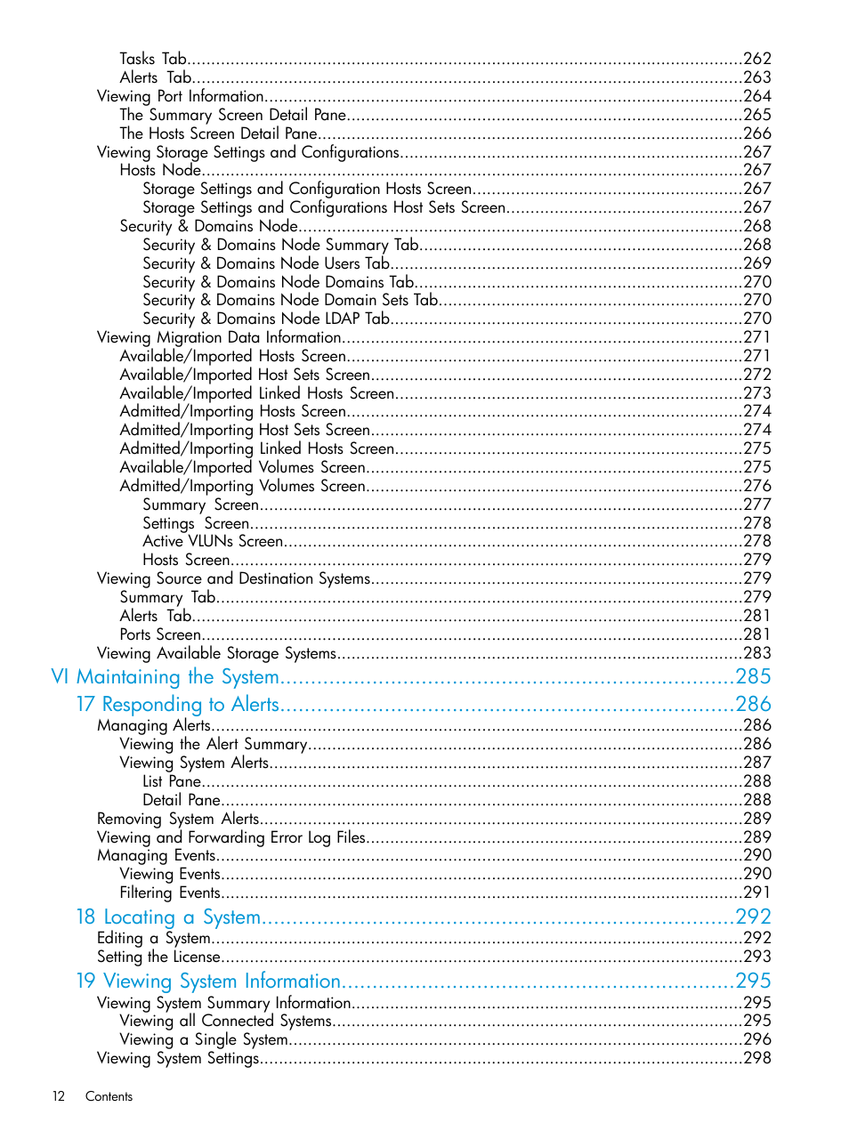 Vi maintaining the system 17 responding to alerts, 18 locating a system, 19 viewing system information | HP 3PAR Operating System Software User Manual | Page 12 / 524