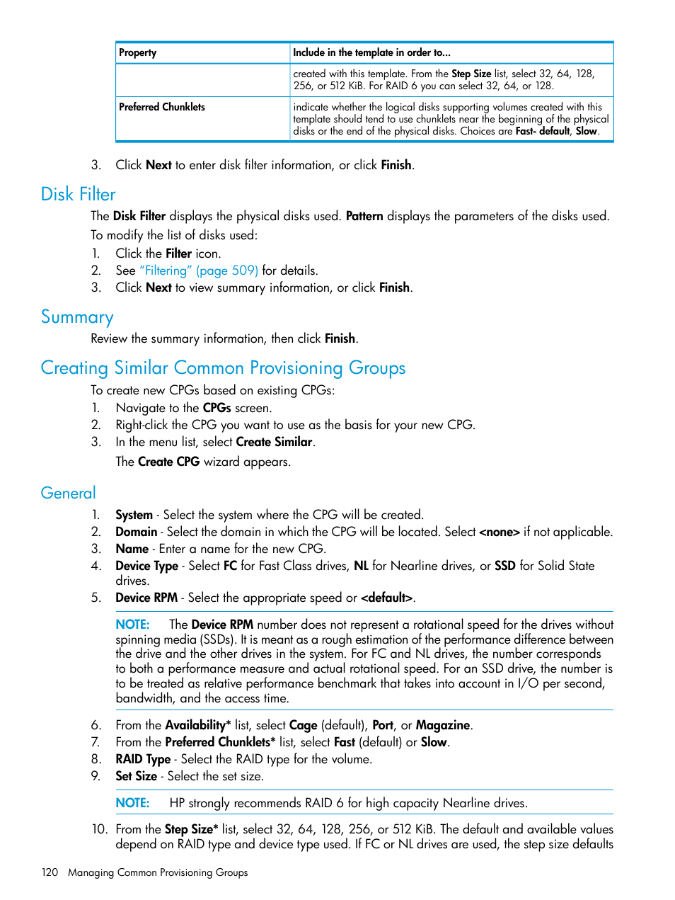 Disk filter, Summary, Creating similar common provisioning groups | General | HP 3PAR Operating System Software User Manual | Page 120 / 524