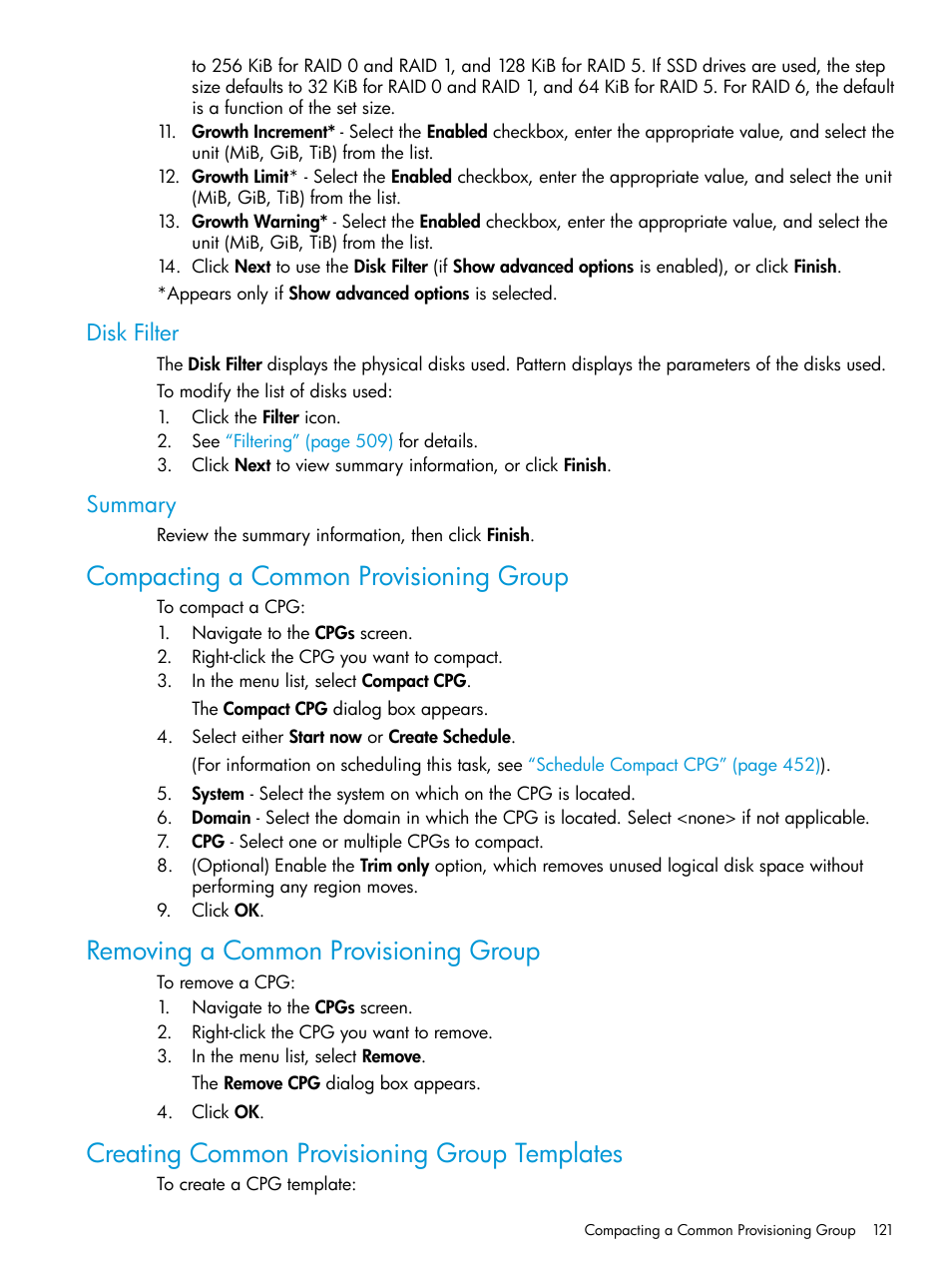 Disk filter, Summary, Compacting a common provisioning group | Removing a common provisioning group, Creating common provisioning group templates, Disk filter summary | HP 3PAR Operating System Software User Manual | Page 121 / 524