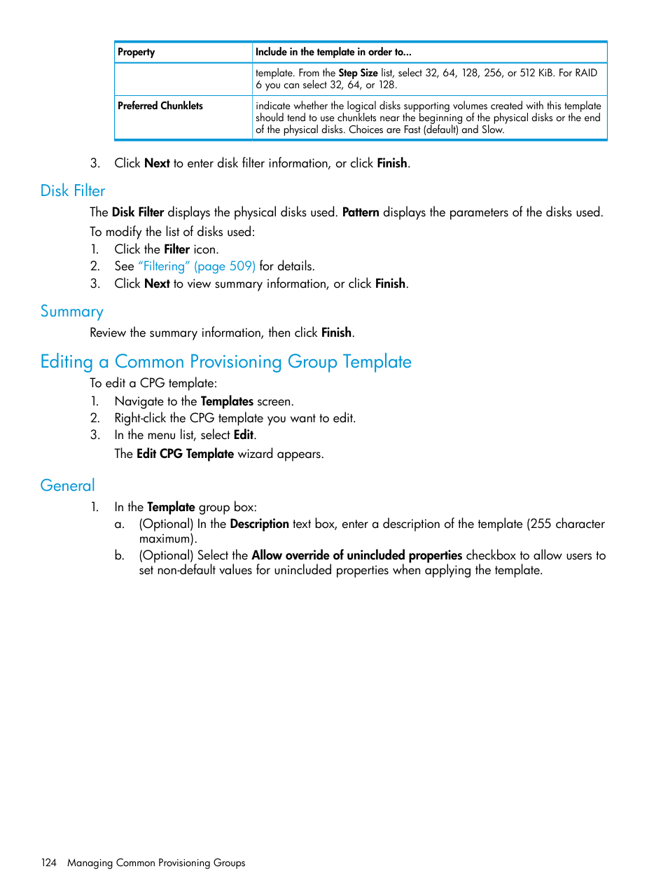 Disk filter, Summary, Editing a common provisioning group template | General, Disk filter summary | HP 3PAR Operating System Software User Manual | Page 124 / 524