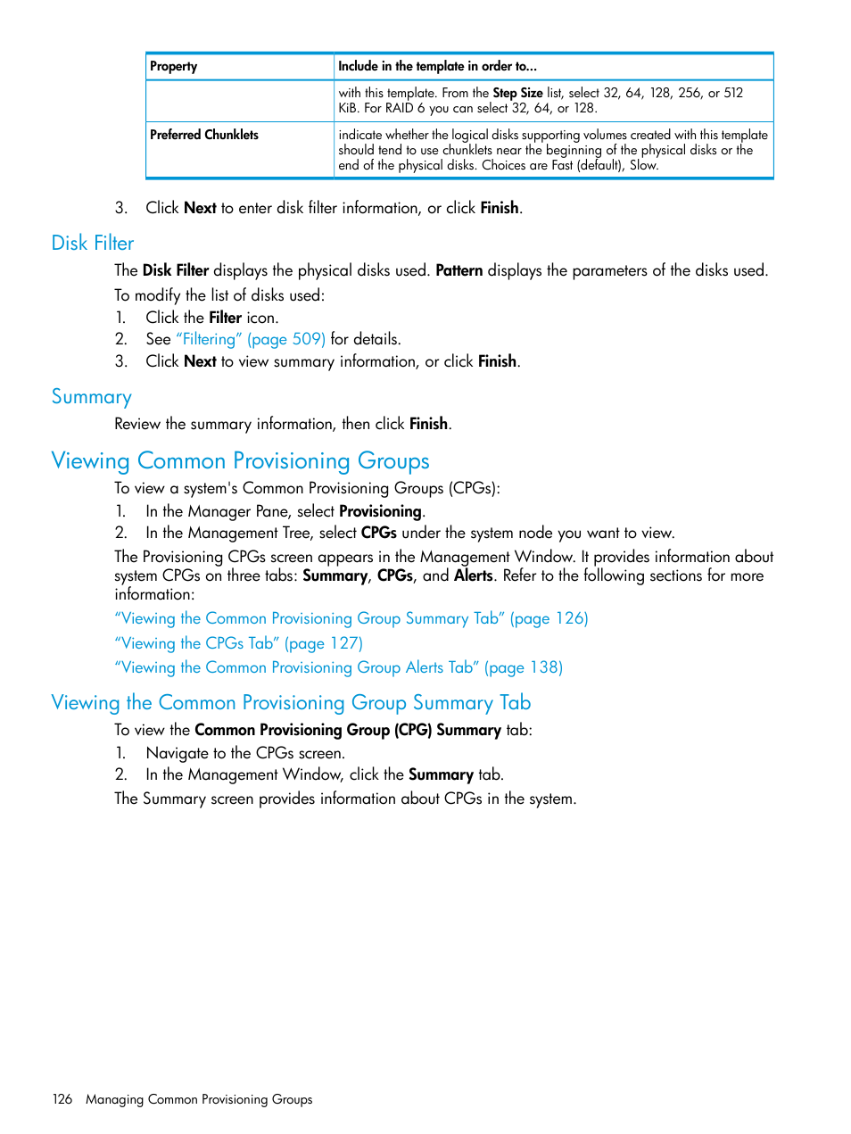 Disk filter, Summary, Viewing common provisioning groups | Viewing the common provisioning group summary tab, Disk filter summary | HP 3PAR Operating System Software User Manual | Page 126 / 524