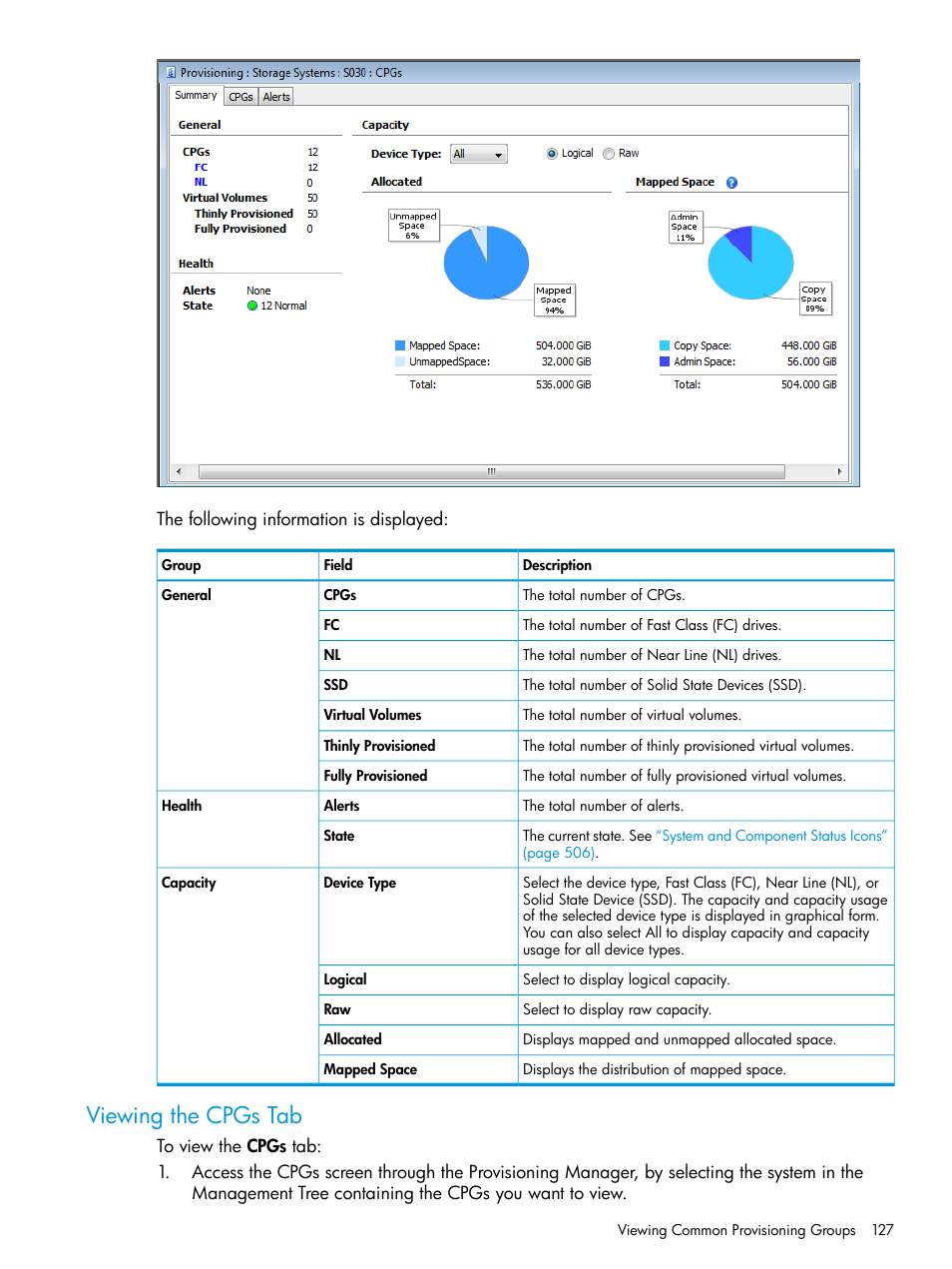 Viewing the cpgs tab | HP 3PAR Operating System Software User Manual | Page 127 / 524