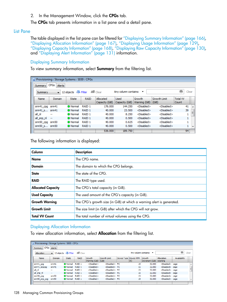 List pane, Displaying summary information, Displaying allocation information | HP 3PAR Operating System Software User Manual | Page 128 / 524