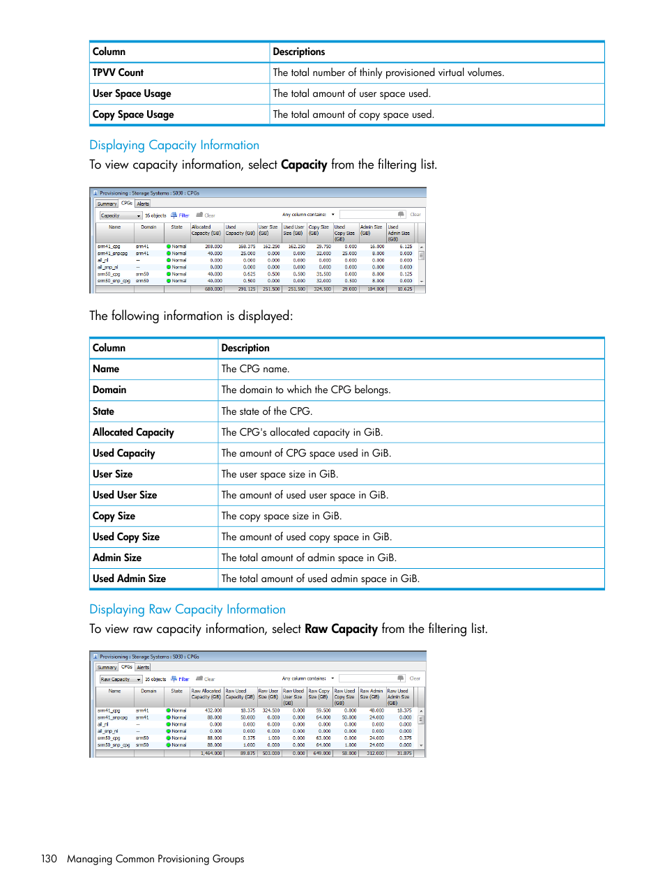 Displaying capacity information, Displaying raw capacity information | HP 3PAR Operating System Software User Manual | Page 130 / 524