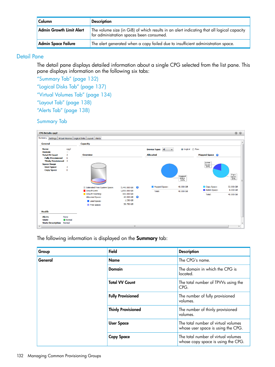 Detail pane, Summary tab | HP 3PAR Operating System Software User Manual | Page 132 / 524