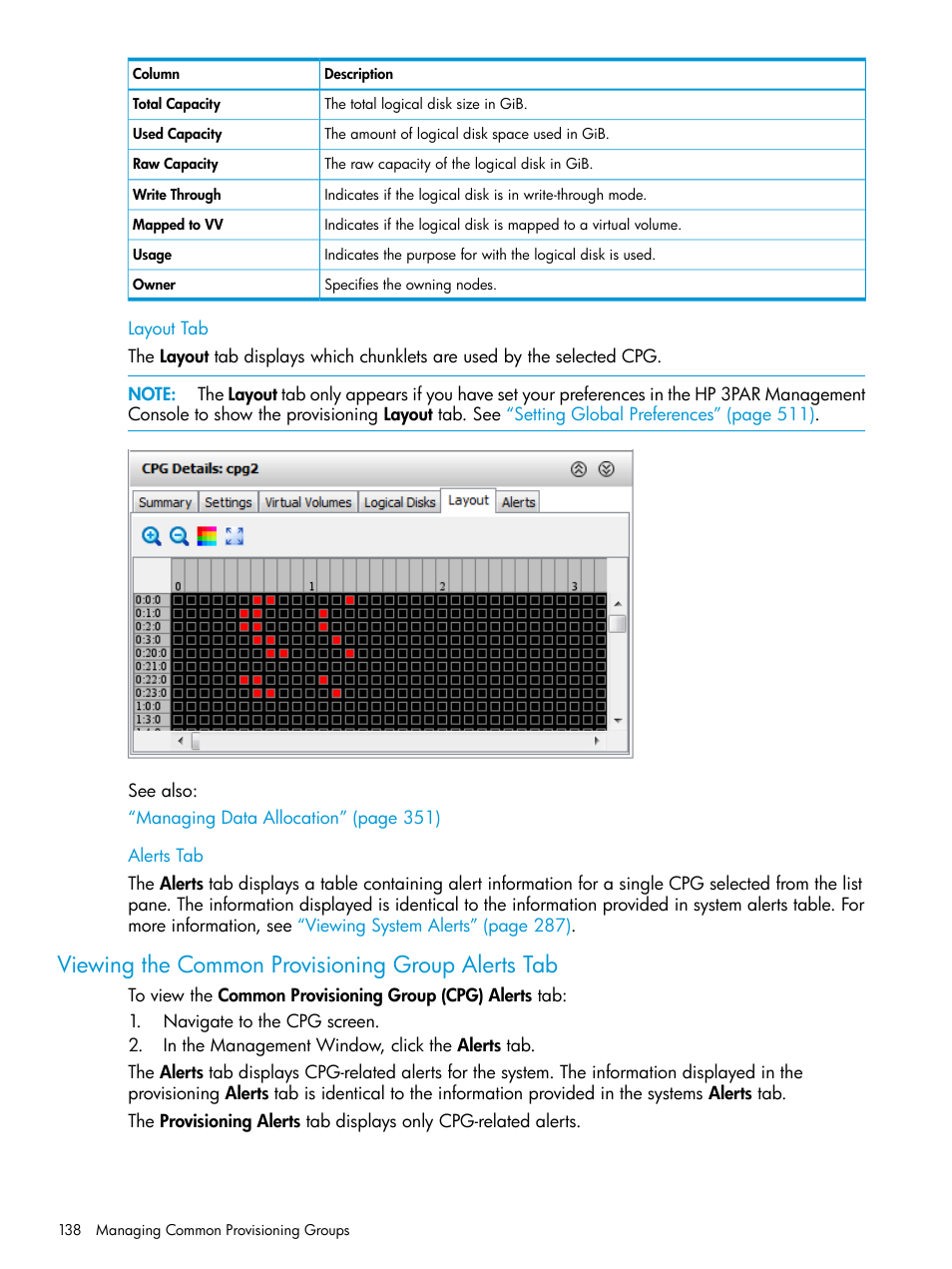 Layout tab, Alerts tab, Viewing the common provisioning group alerts tab | Layout tab alerts tab | HP 3PAR Operating System Software User Manual | Page 138 / 524