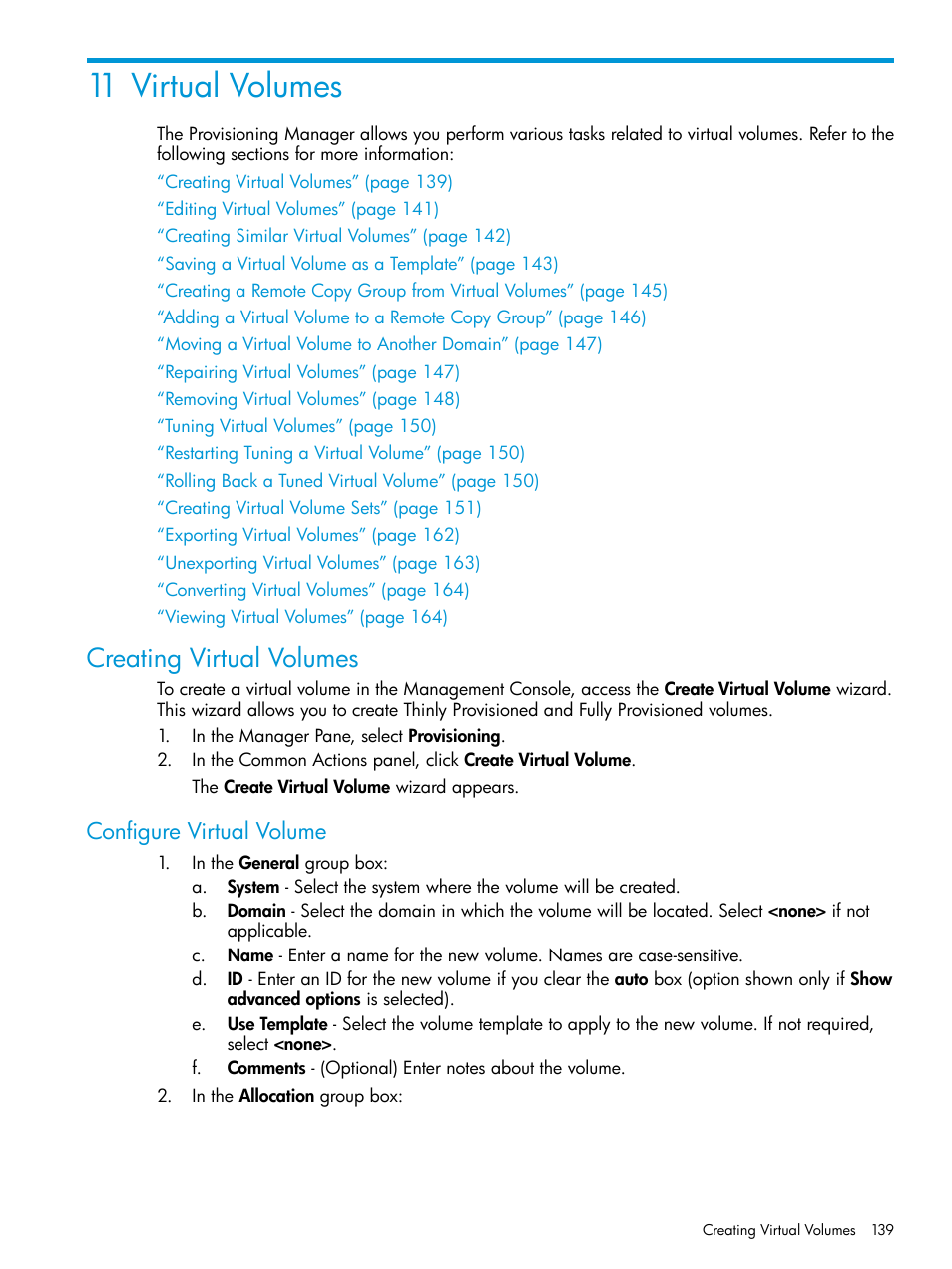 11 virtual volumes, Creating virtual volumes, Configure virtual volume | HP 3PAR Operating System Software User Manual | Page 139 / 524