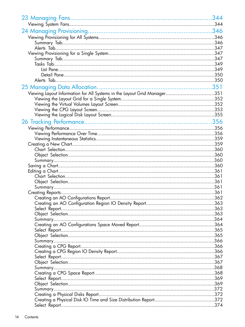 23 managing fans, 24 managing provisioning, 25 managing data allocation | 26 tracking performance | HP 3PAR Operating System Software User Manual | Page 14 / 524