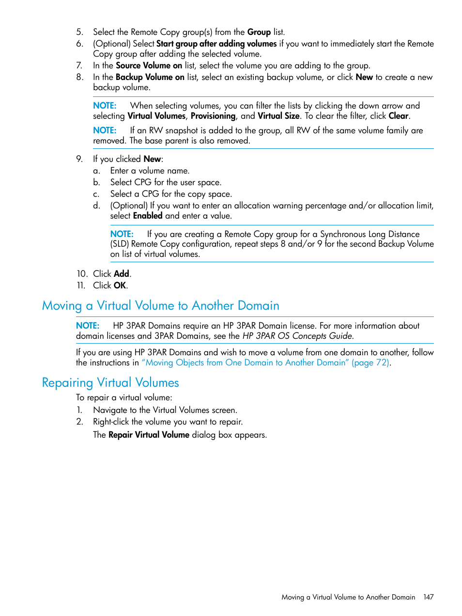 Moving a virtual volume to another domain, Repairing virtual volumes | HP 3PAR Operating System Software User Manual | Page 147 / 524