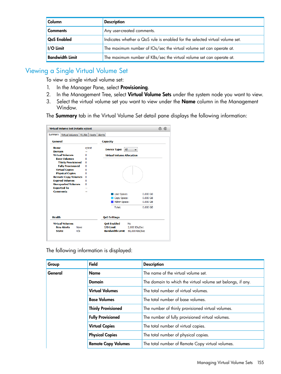 Viewing a single virtual volume set | HP 3PAR Operating System Software User Manual | Page 155 / 524