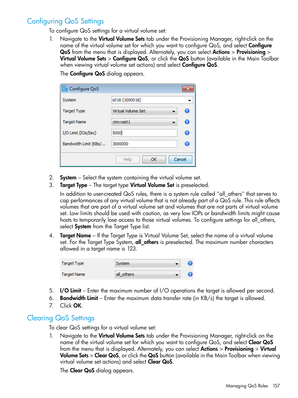 Configuring qos settings, Clearing qos settings, Configuring qos settings clearing qos settings | HP 3PAR Operating System Software User Manual | Page 157 / 524