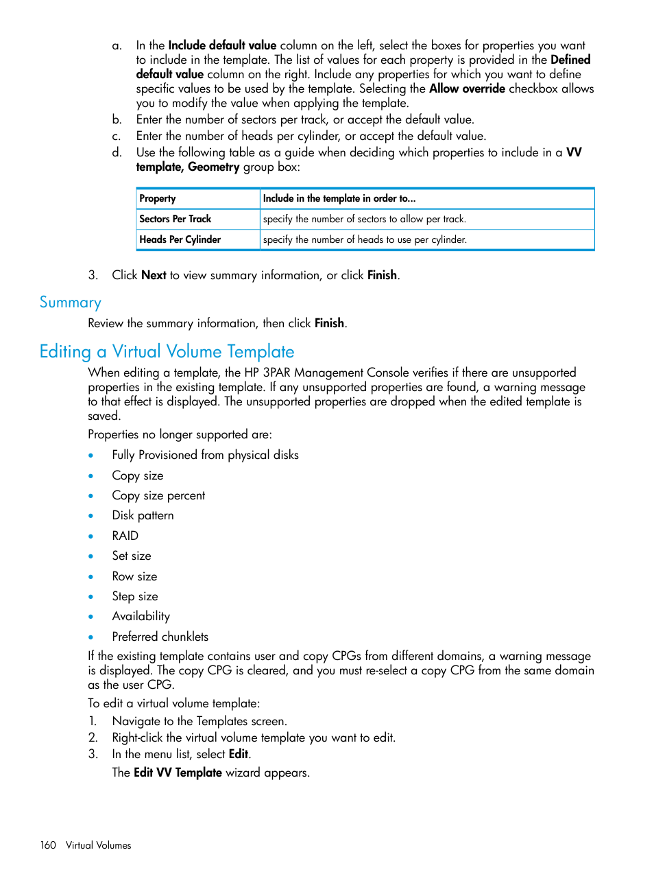 Summary, Editing a virtual volume template | HP 3PAR Operating System Software User Manual | Page 160 / 524