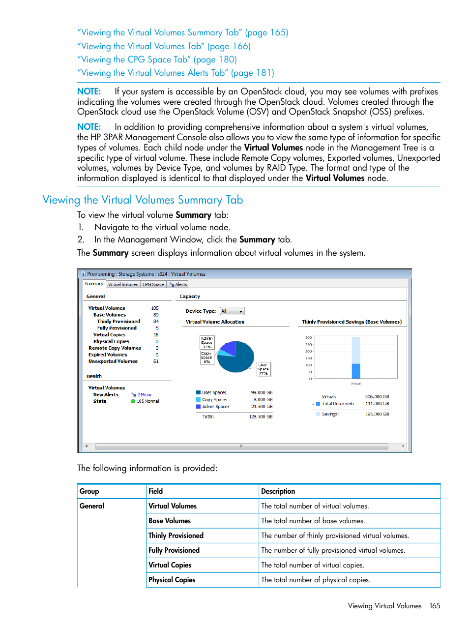 Viewing the virtual volumes summary tab | HP 3PAR Operating System Software User Manual | Page 165 / 524