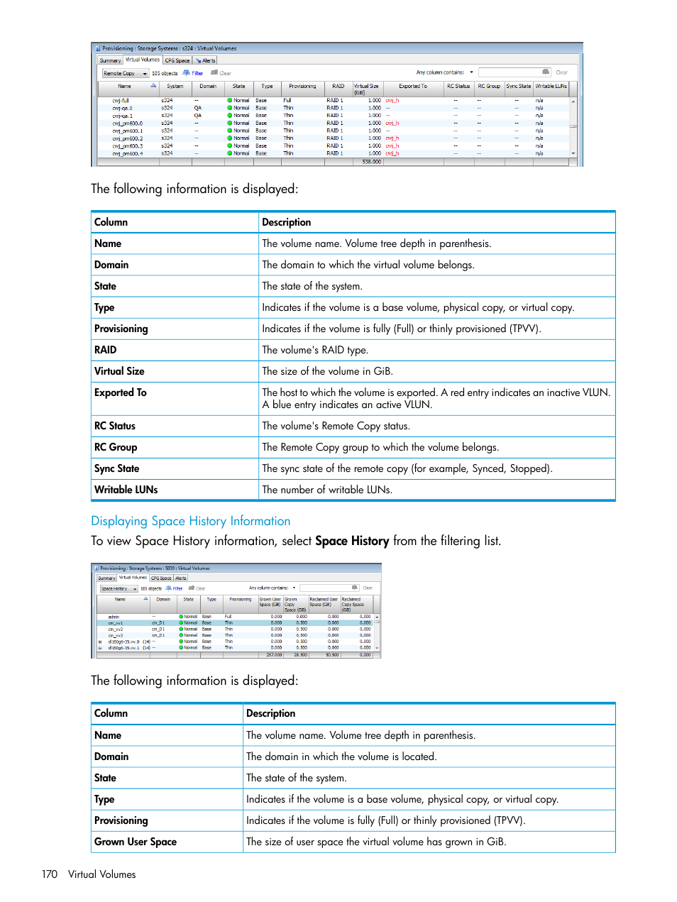 Displaying space history information | HP 3PAR Operating System Software User Manual | Page 170 / 524