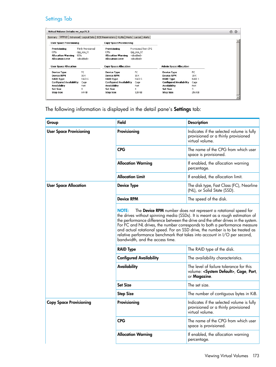 Settings tab | HP 3PAR Operating System Software User Manual | Page 173 / 524