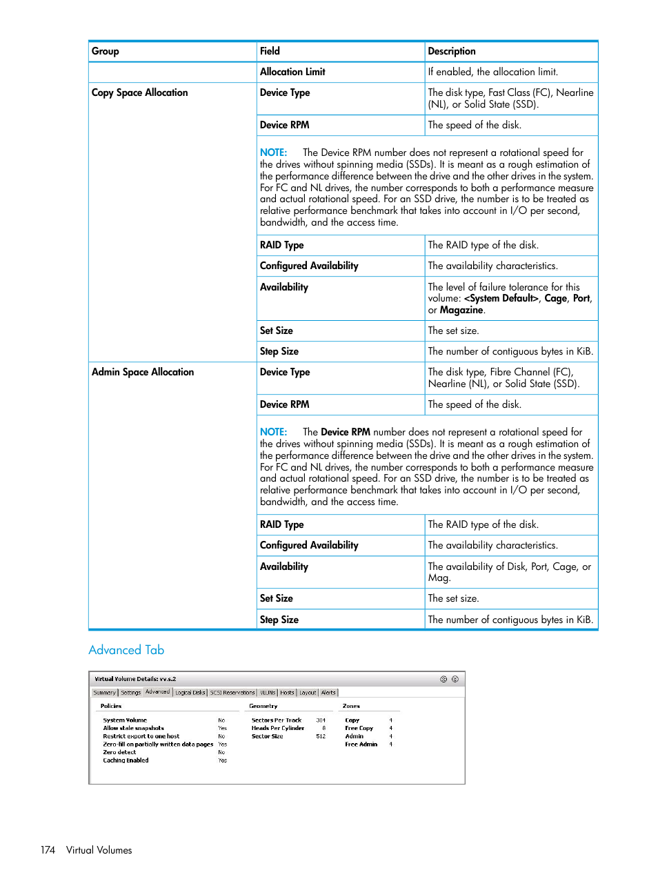 Advanced tab | HP 3PAR Operating System Software User Manual | Page 174 / 524