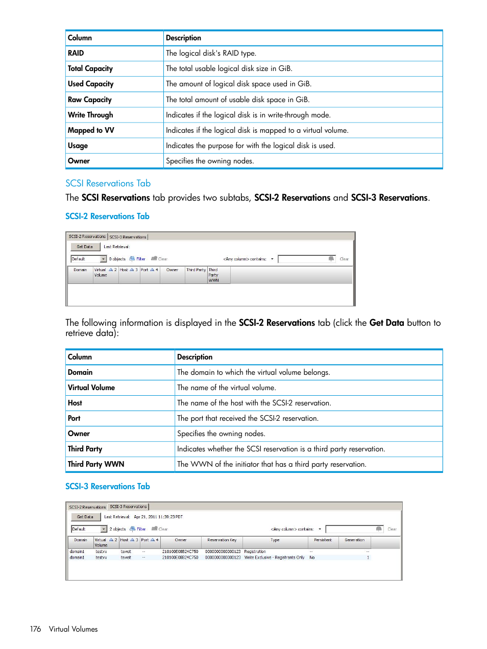 Scsi reservations tab, Scsi-2 reservations tab, Scsi-3 reservations tab | HP 3PAR Operating System Software User Manual | Page 176 / 524