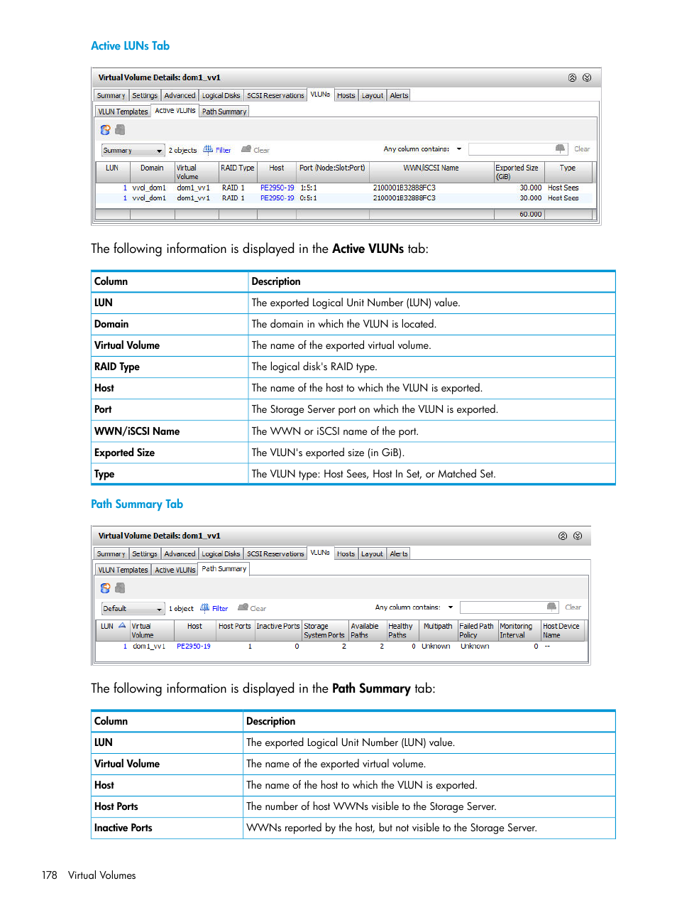 Active luns tab, Path summary tab | HP 3PAR Operating System Software User Manual | Page 178 / 524