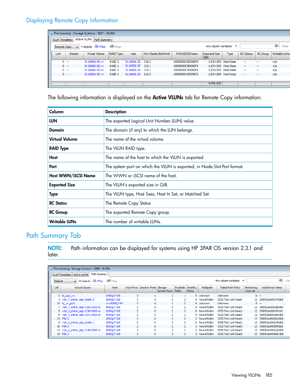 Displaying remote copy information, Path summary tab | HP 3PAR Operating System Software User Manual | Page 185 / 524