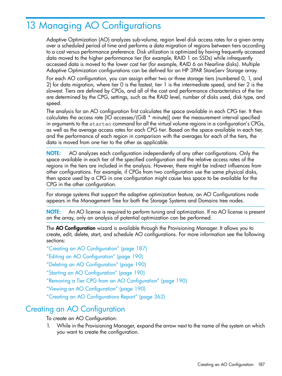 13 managing ao configurations, Creating an ao configuration | HP 3PAR Operating System Software User Manual | Page 187 / 524