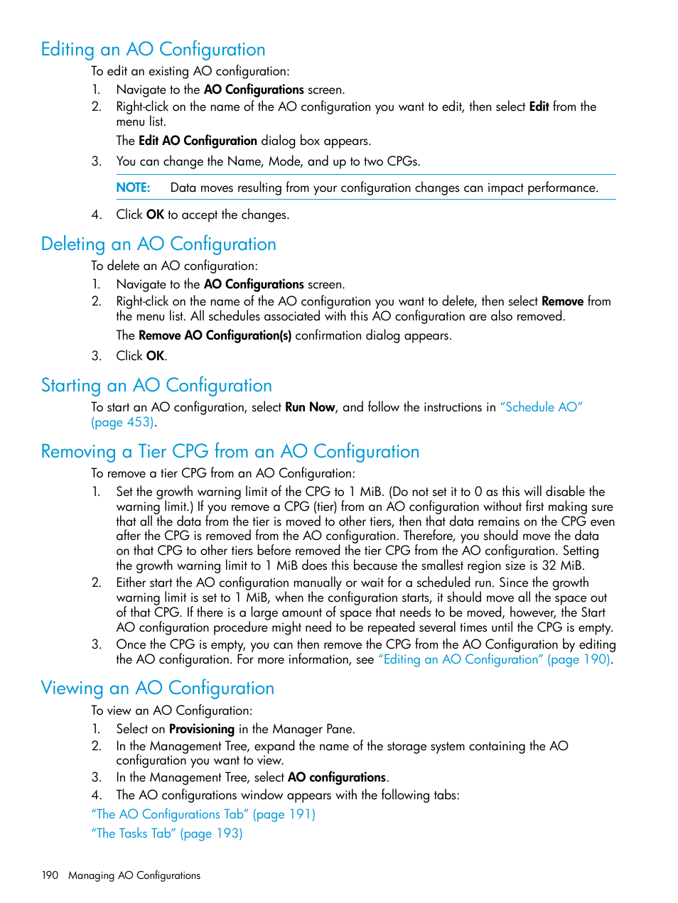 Editing an ao configuration, Deleting an ao configuration, Starting an ao configuration | Removing a tier cpg from an ao configuration, Viewing an ao configuration | HP 3PAR Operating System Software User Manual | Page 190 / 524