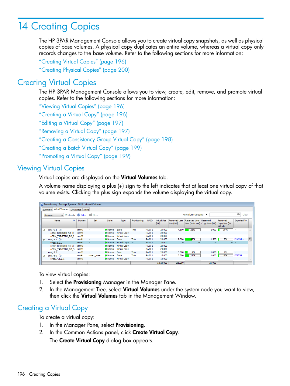 14 creating copies, Creating virtual copies, Viewing virtual copies | Creating a virtual copy, Viewing virtual copies creating a virtual copy | HP 3PAR Operating System Software User Manual | Page 196 / 524